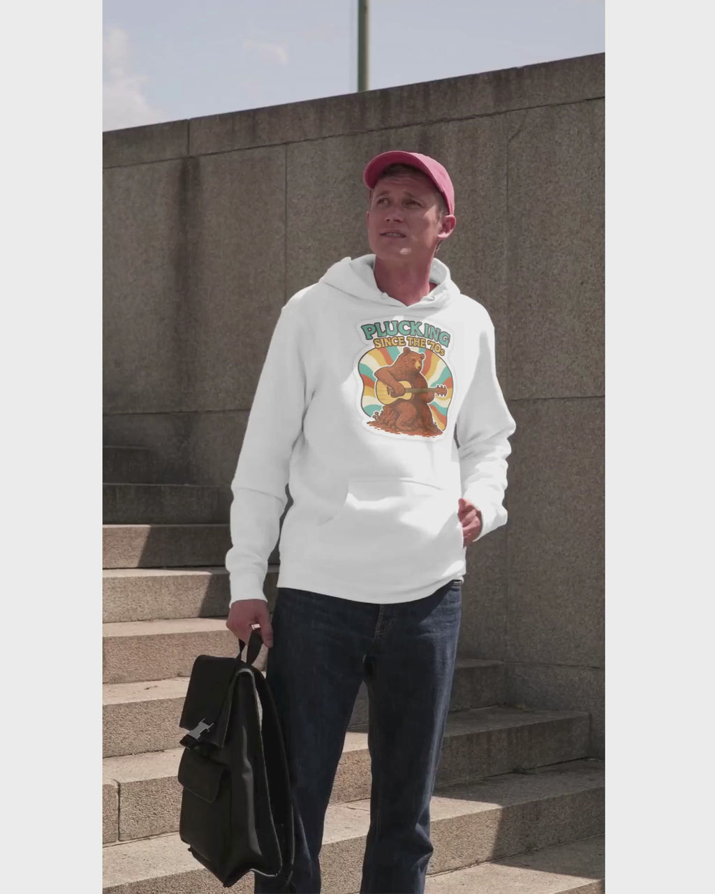 Plucking Since the ’70s Unisex Hoodie – Retro Bear Guitar Vibes